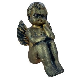 Cherub Angel Figurine Gold Tone Terra Cotta Pottery Gold and Black Vintage
